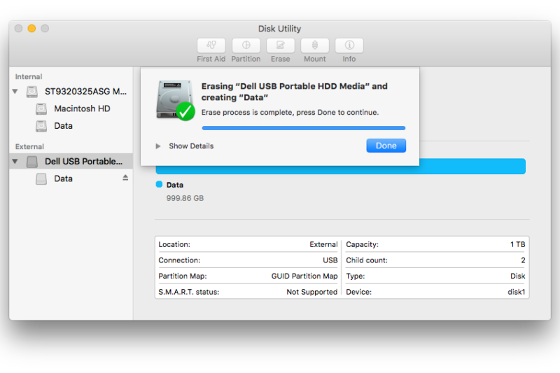 Disk Utility erase HDD done