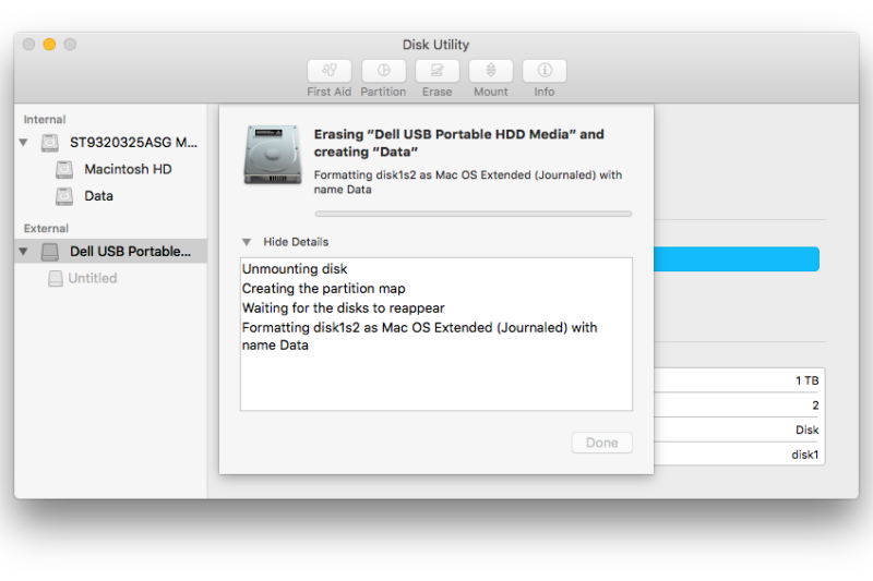 Disk Utility proses format