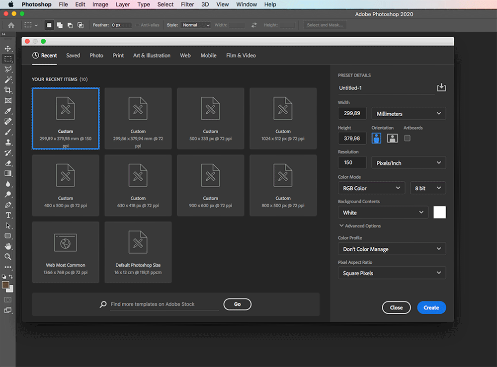 Photoshop New Document dialog box blinking.