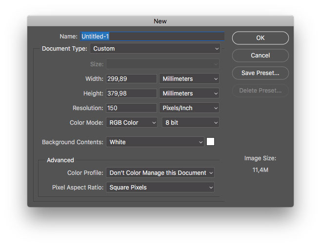 Photoshop kotak dialog "New File" klasik.