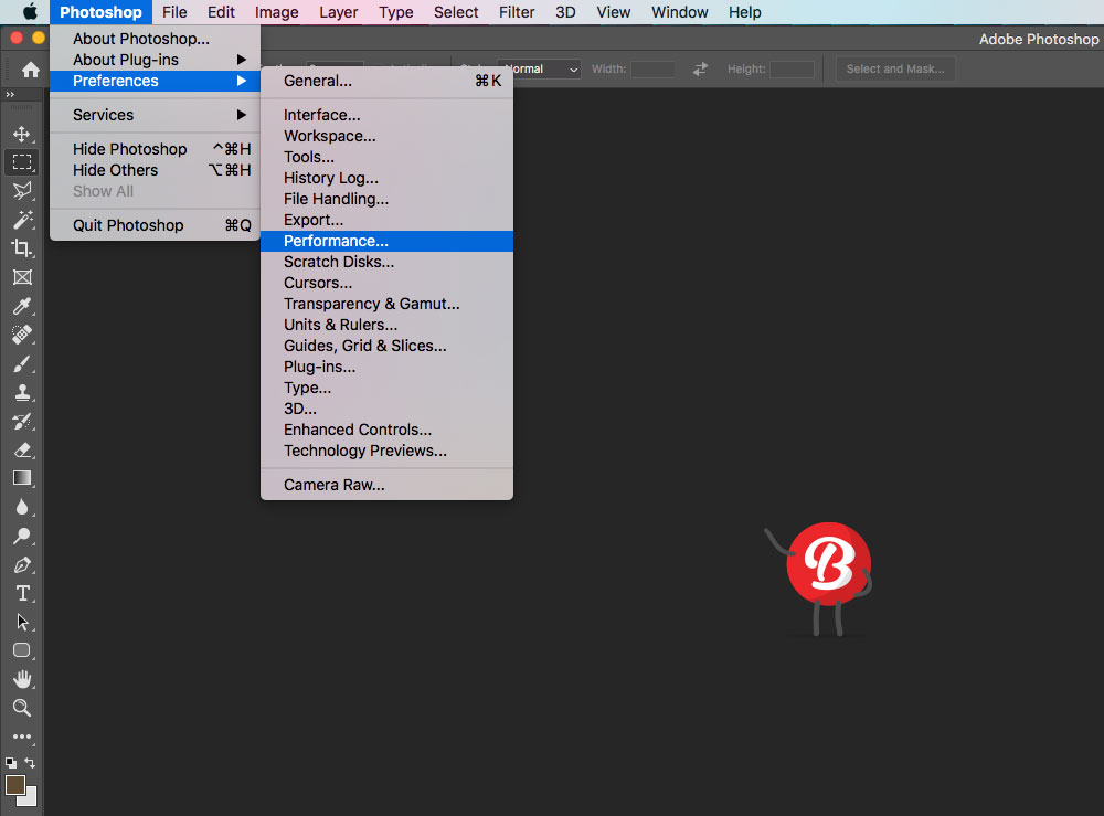 Photoshop freferences menu.