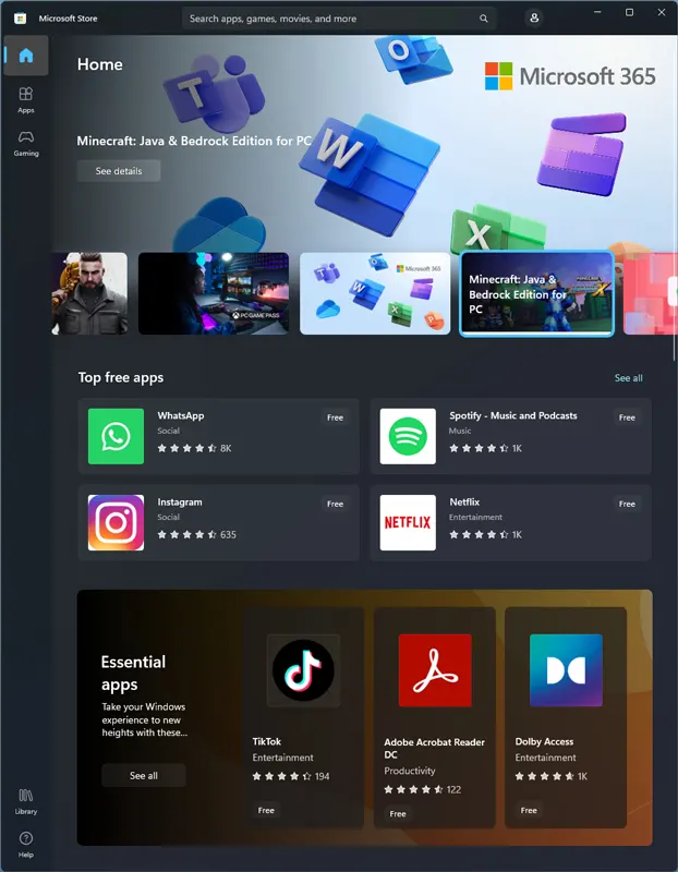Windows 11 Microsoft Store homepage